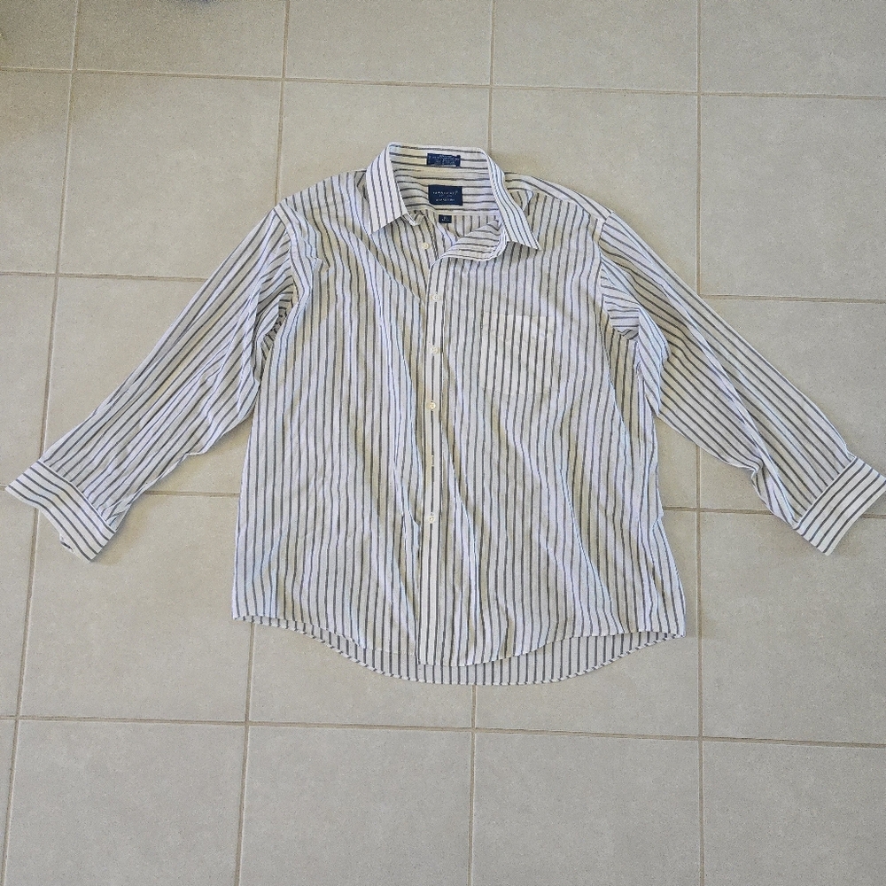 Towncraft Vtg WrinkleFree Striped Gray White Button-up Dress Shirt Mens 18 34/35